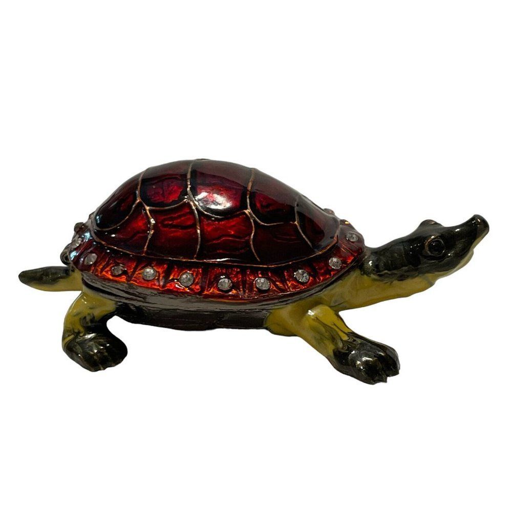Turtle Tortoise Shaped Hinged Trinket Box Enamel Metal Rhinestones Proposal